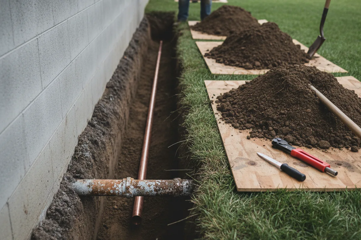 Excavated water line trench during Sewer Line Repair in Tujunga